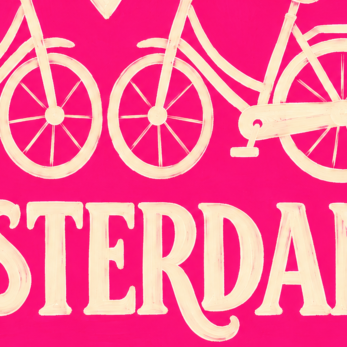 Amsterdam Temalı Bisiklet İllüstrasyonlu Canlı Pembe Poster — baskının yakın çekimi, kâğıt dokusu ve renk detayı