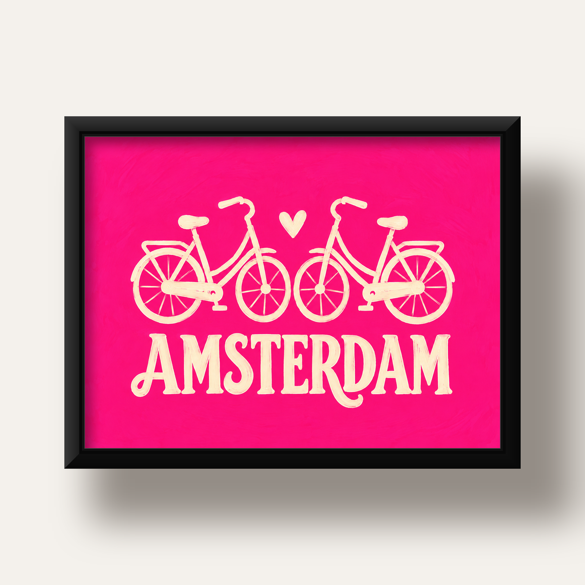 Amsterdam Temalı Bisiklet İllüstrasyonlu Canlı Pembe Poster — siyah derin çerçeveli