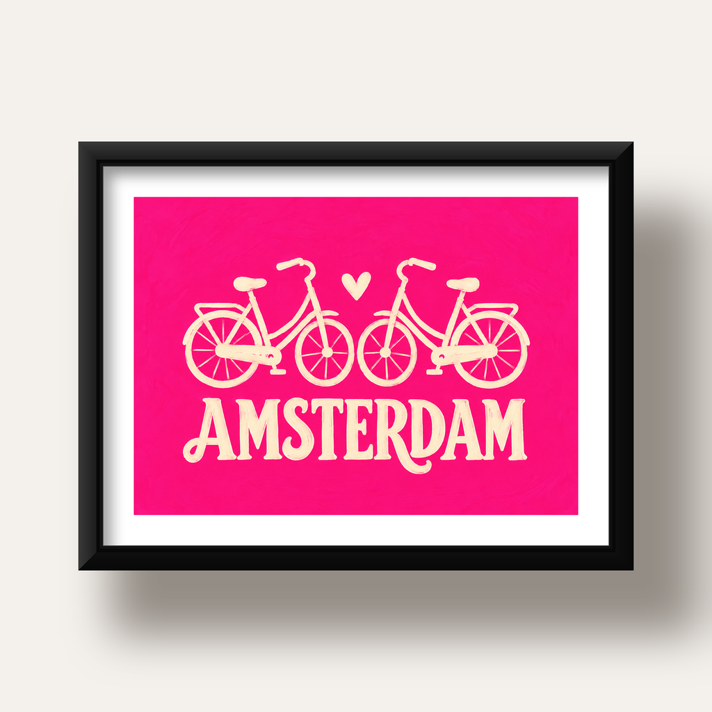 Amsterdam Temalı Bisiklet İllüstrasyonlu Canlı Pembe Poster — siyah derin çerçeveli paspartulu