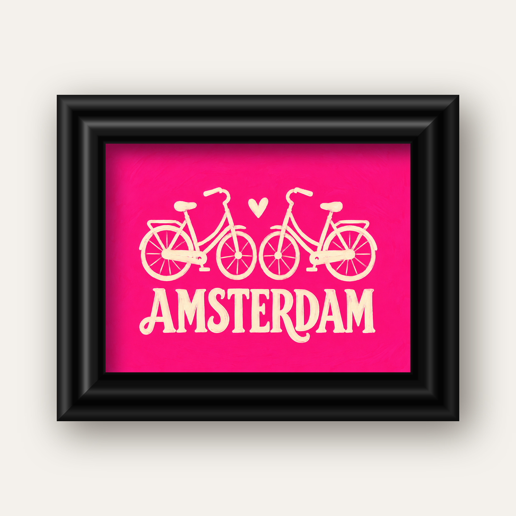 Amsterdam Temalı Bisiklet İllüstrasyonlu Canlı Pembe Poster — siyah galeri çerçeveli