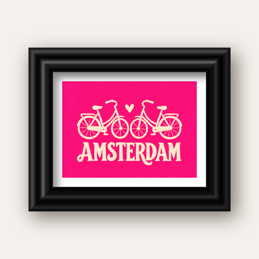 Amsterdam Temalı Bisiklet İllüstrasyonlu Canlı Pembe Poster — siyah galeri çerçeveli paspartulu