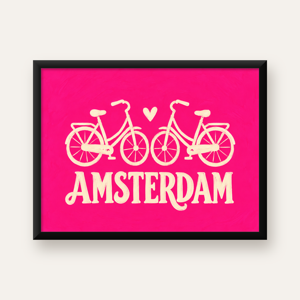 Amsterdam Temalı Bisiklet İllüstrasyonlu Canlı Pembe Poster — Yatay baskı, düz siyah çerçeveli duvar posteri