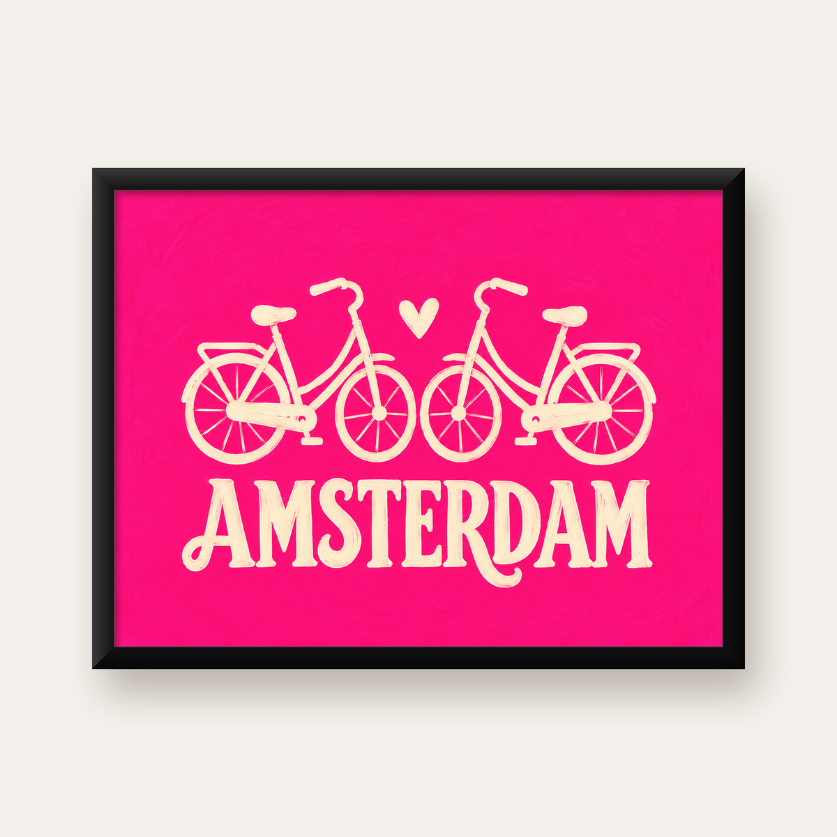 Amsterdam Temalı Bisiklet İllüstrasyonlu Canlı Pembe Poster — Yatay baskı, düz siyah çerçeveli duvar posteri