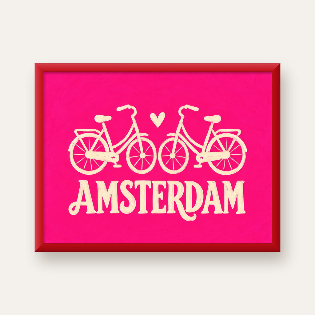 Amsterdam Temalı Bisiklet İllüstrasyonlu Canlı Pembe Poster — kırmızı çerçeveli