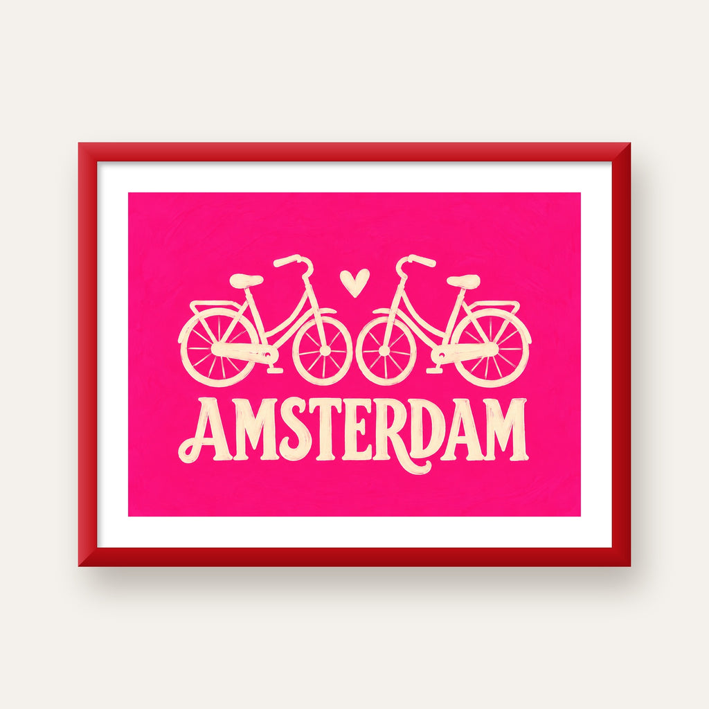 Amsterdam Temalı Bisiklet İllüstrasyonlu Canlı Pembe Poster — kırmızı çerçeveli paspartulu