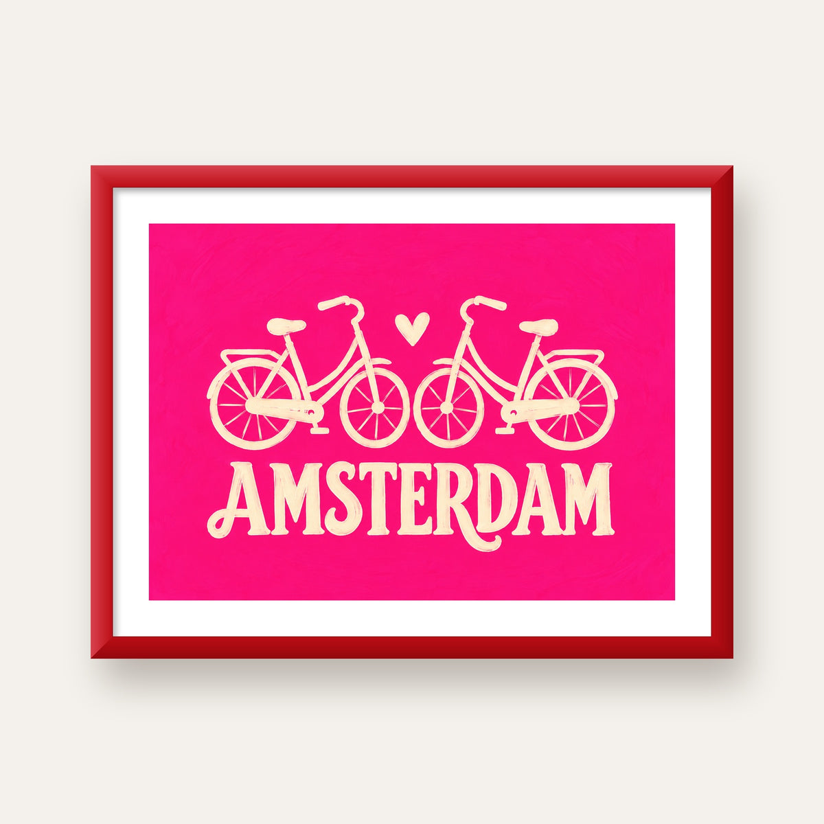 Amsterdam Temalı Bisiklet İllüstrasyonlu Canlı Pembe Poster — kırmızı çerçeveli paspartulu