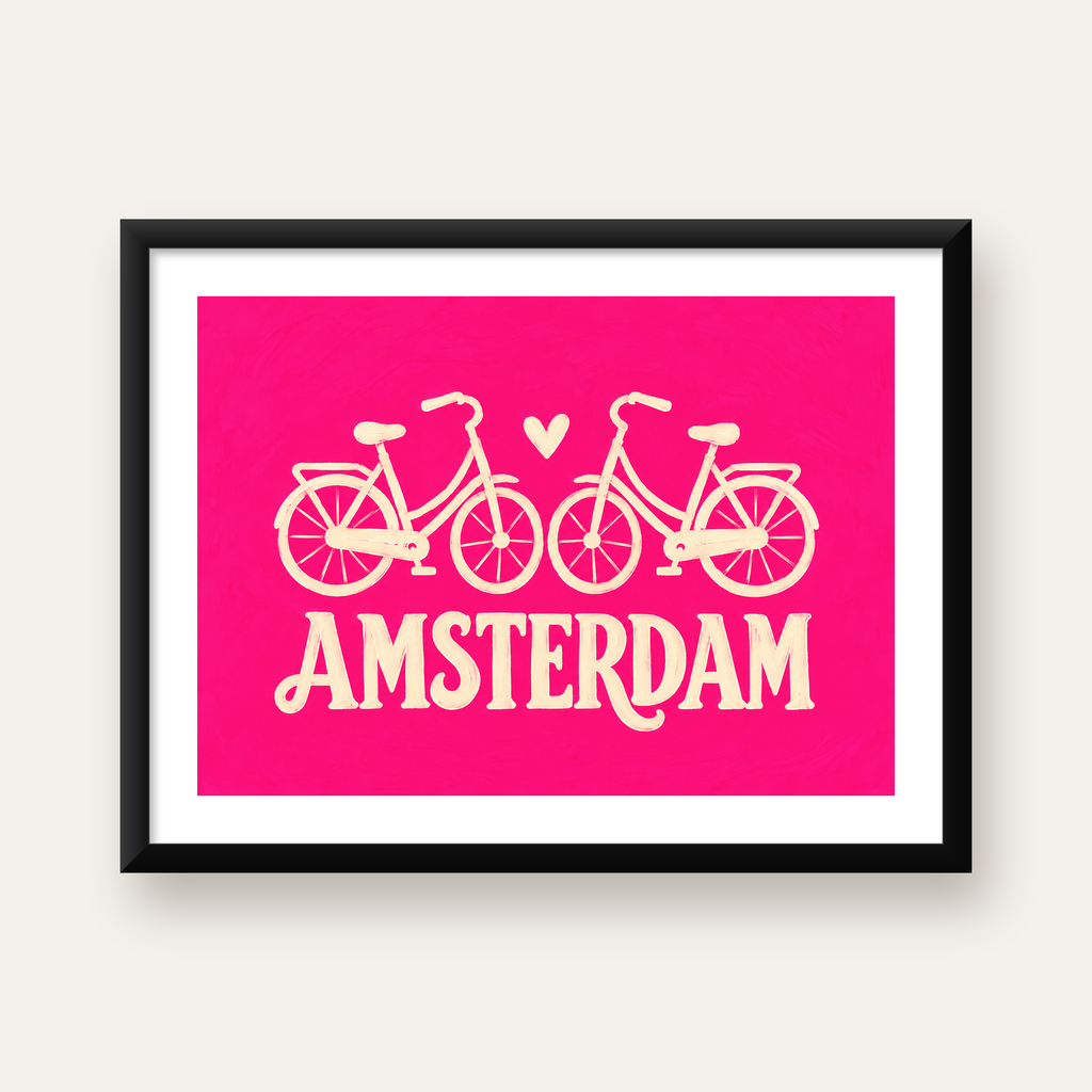 Amsterdam Temalı Bisiklet İllüstrasyonlu Canlı Pembe Poster — Yatay baskı, beyaz paspartulu