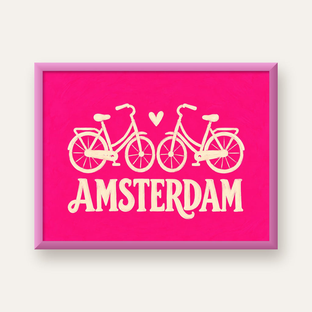 Amsterdam Temalı Bisiklet İllüstrasyonlu Canlı Pembe Poster — pembe çerçeveli