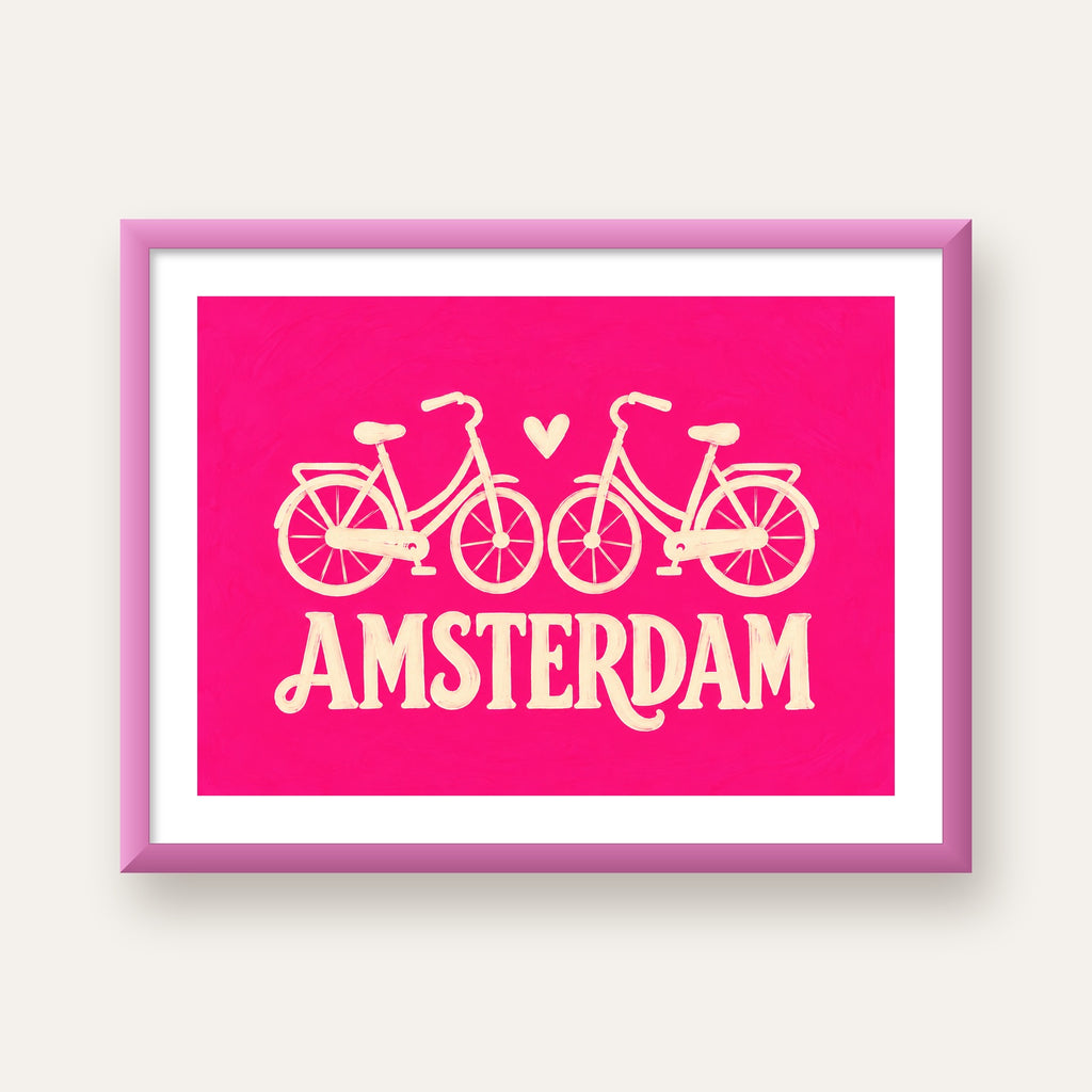 Amsterdam Temalı Bisiklet İllüstrasyonlu Canlı Pembe Poster — pembe çerçeveli paspartulu