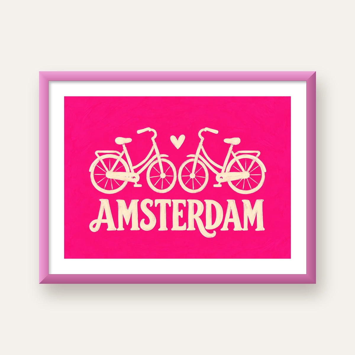 Amsterdam Temalı Bisiklet İllüstrasyonlu Canlı Pembe Poster — pembe çerçeveli paspartulu