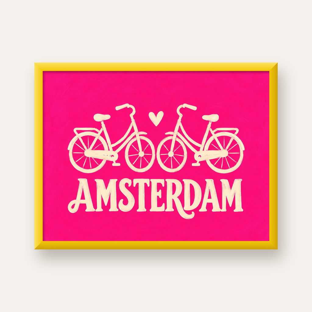 Amsterdam Temalı Bisiklet İllüstrasyonlu Canlı Pembe Poster — sarı çerçeveli