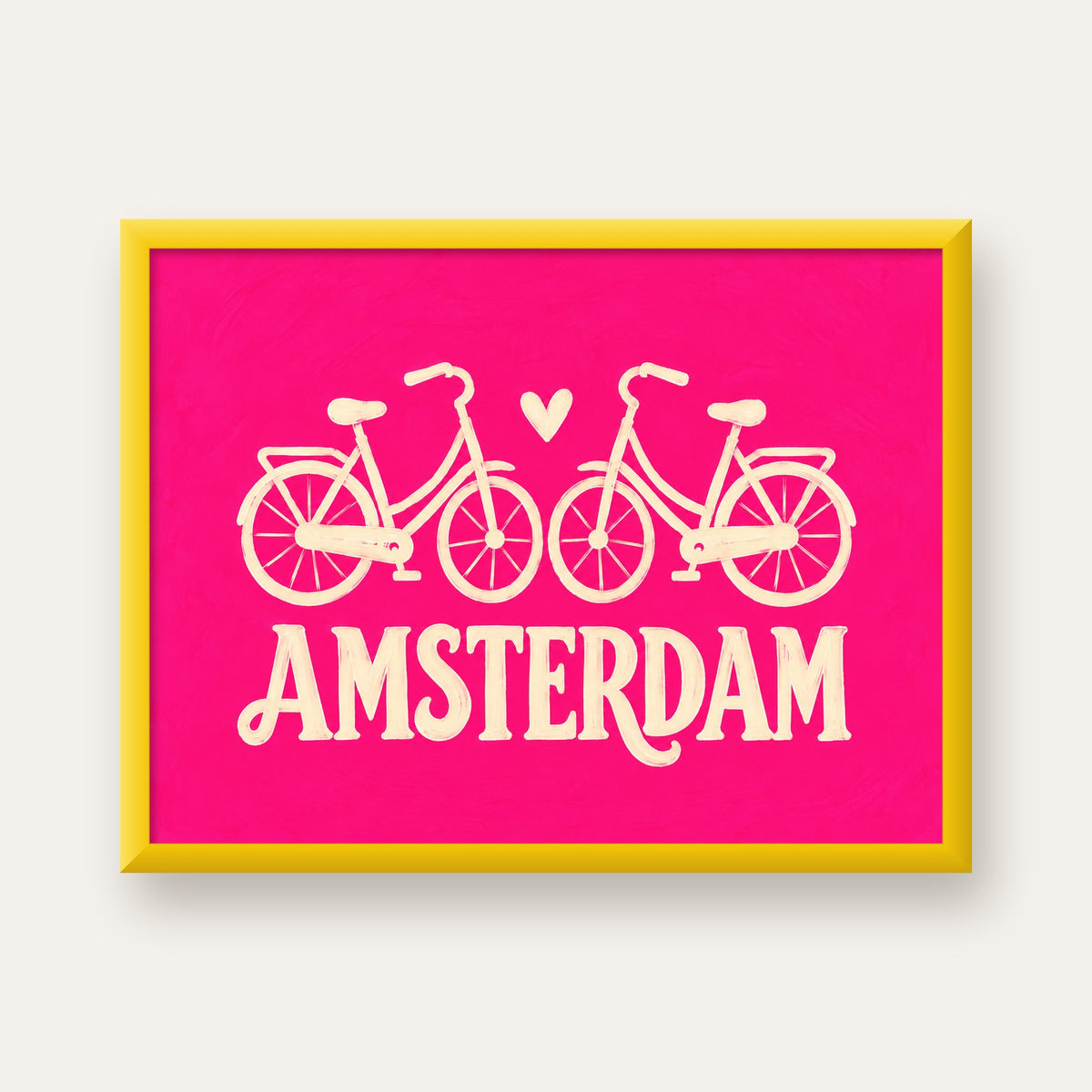 Amsterdam Temalı Bisiklet İllüstrasyonlu Canlı Pembe Poster — sarı çerçeveli