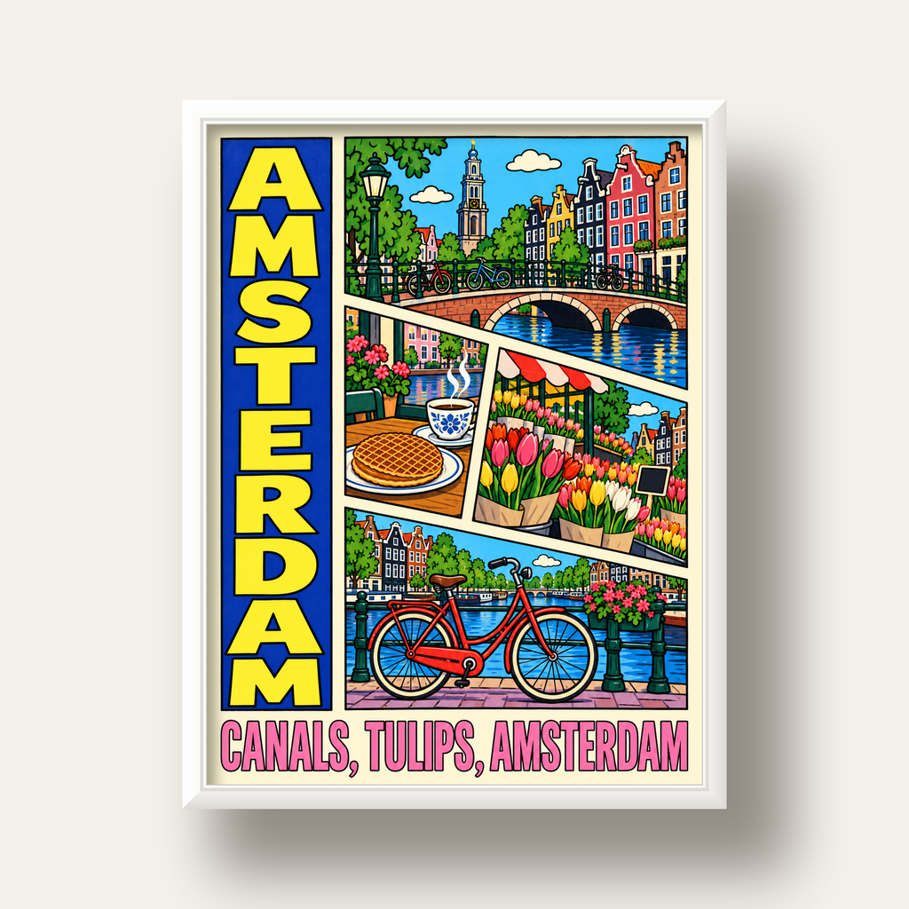 Amsterdam Temalı Renkli İllüstrasyon Poster – Modern Duvar Dekoru — beyaz derin çerçeveli