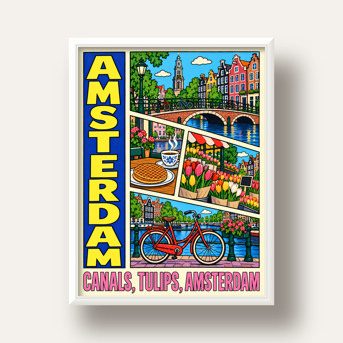 Amsterdam Temalı Renkli İllüstrasyon Poster – Modern Duvar Dekoru — beyaz derin çerçeveli