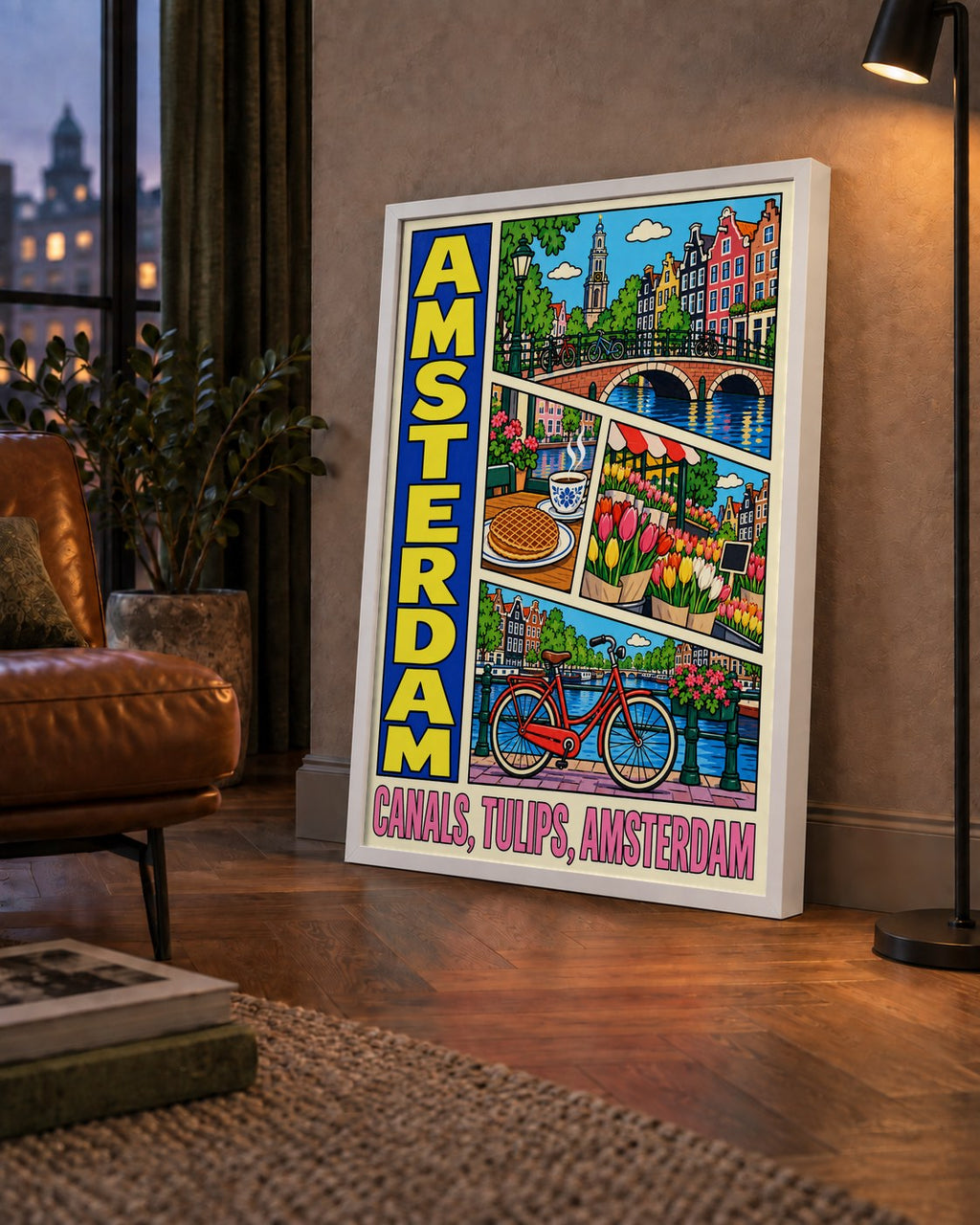 Amsterdam Temalı Renkli İllüstrasyon Poster – Modern Duvar Dekoru — çerçeveli hâliyle bir ev duvarında