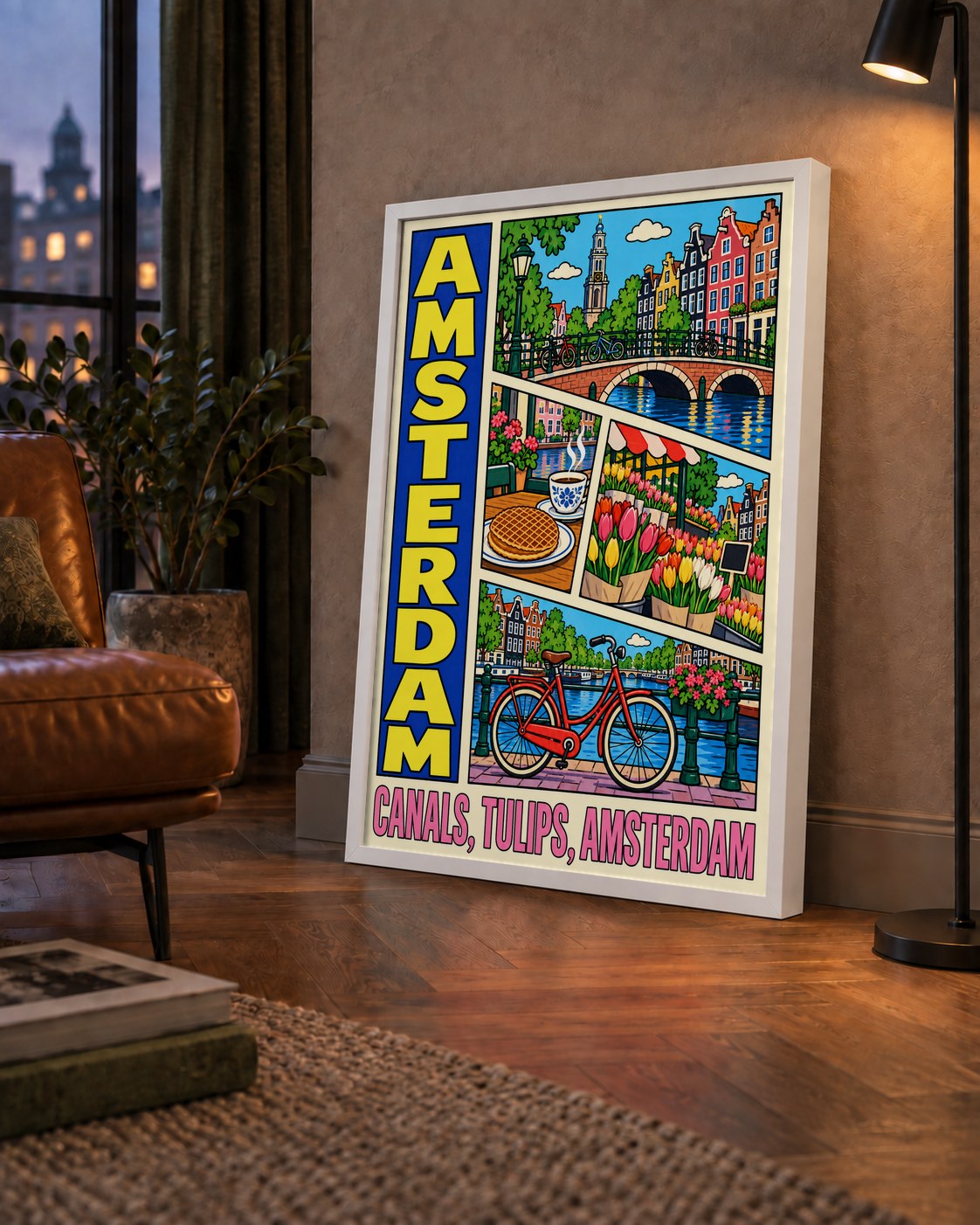 Amsterdam Temalı Renkli İllüstrasyon Poster – Modern Duvar Dekoru — çerçeveli hâliyle bir ev duvarında