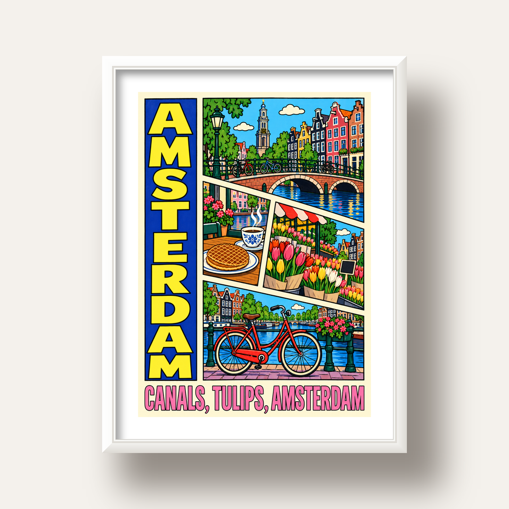 Amsterdam Temalı Renkli İllüstrasyon Poster – Modern Duvar Dekoru — beyaz derin çerçeveli paspartulu