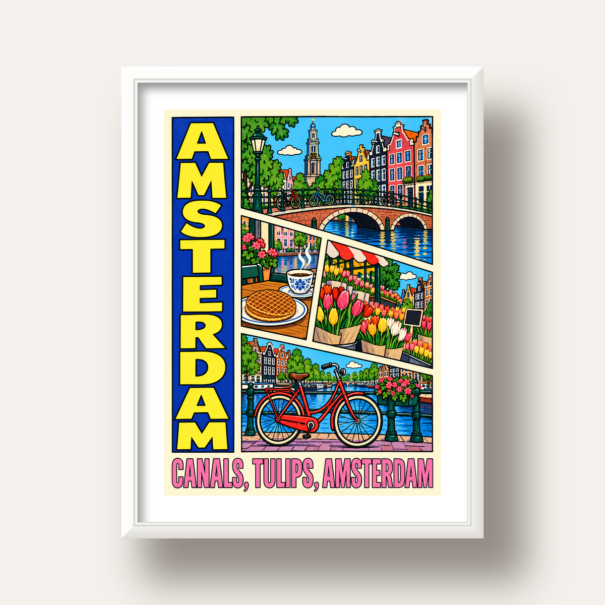 Amsterdam Temalı Renkli İllüstrasyon Poster – Modern Duvar Dekoru — beyaz derin çerçeveli paspartulu