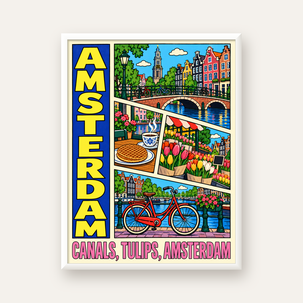 Amsterdam Temalı Renkli İllüstrasyon Poster – Modern Duvar Dekoru — beyaz çerçeveli dikey poster
