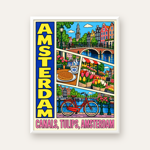 Amsterdam Temalı Renkli İllüstrasyon Poster – Modern Duvar Dekoru — beyaz çerçeveli dikey poster
