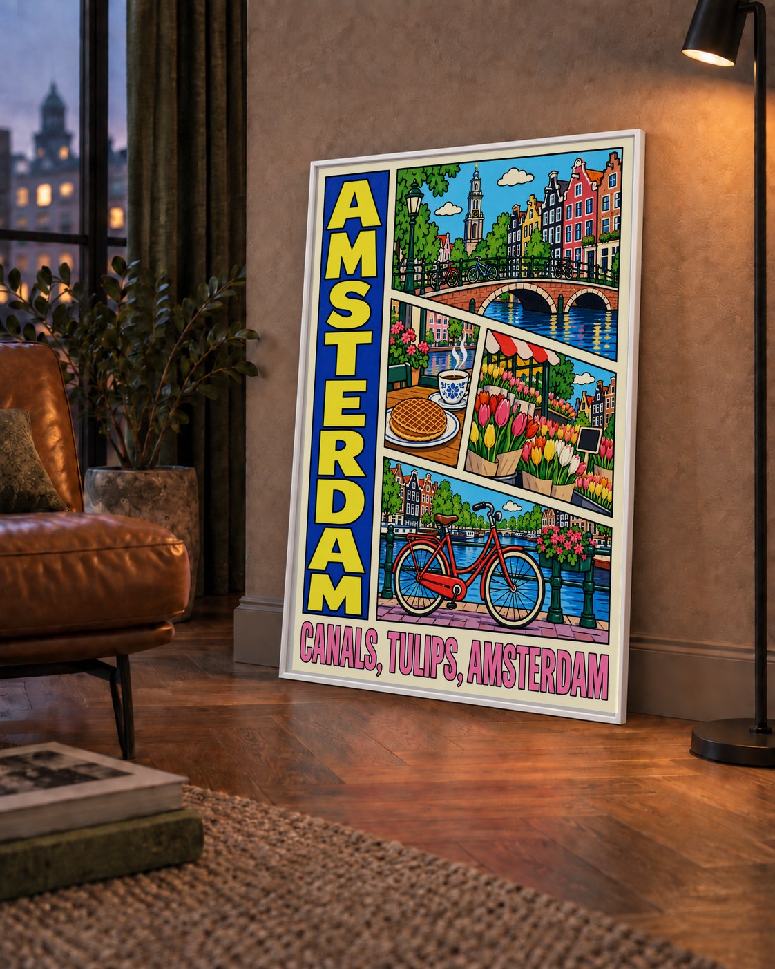 Amsterdam Temalı Renkli İllüstrasyon Poster – Modern Duvar Dekoru — çerçeveli hâliyle bir ev duvarında