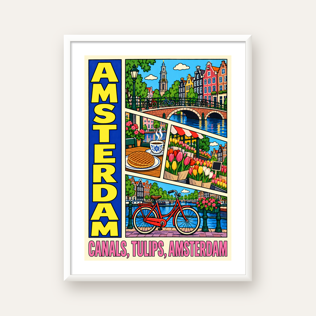 Amsterdam Temalı Renkli İllüstrasyon Poster – Modern Duvar Dekoru — beyaz çerçeveli dikey poster
