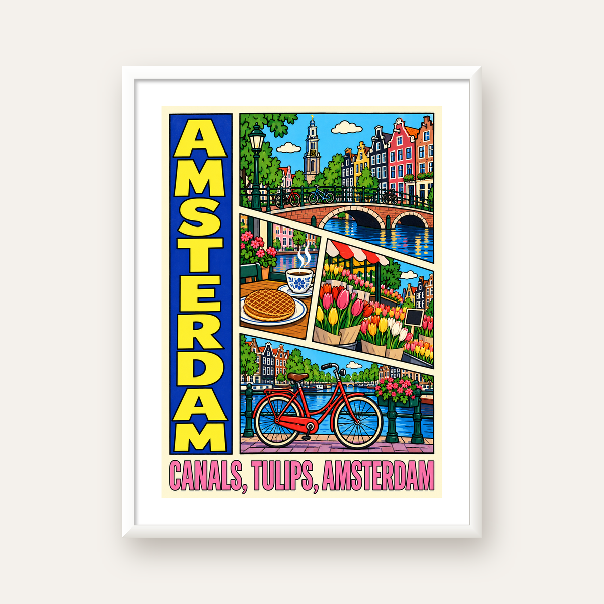 Amsterdam Temalı Renkli İllüstrasyon Poster – Modern Duvar Dekoru — beyaz çerçeveli dikey poster
