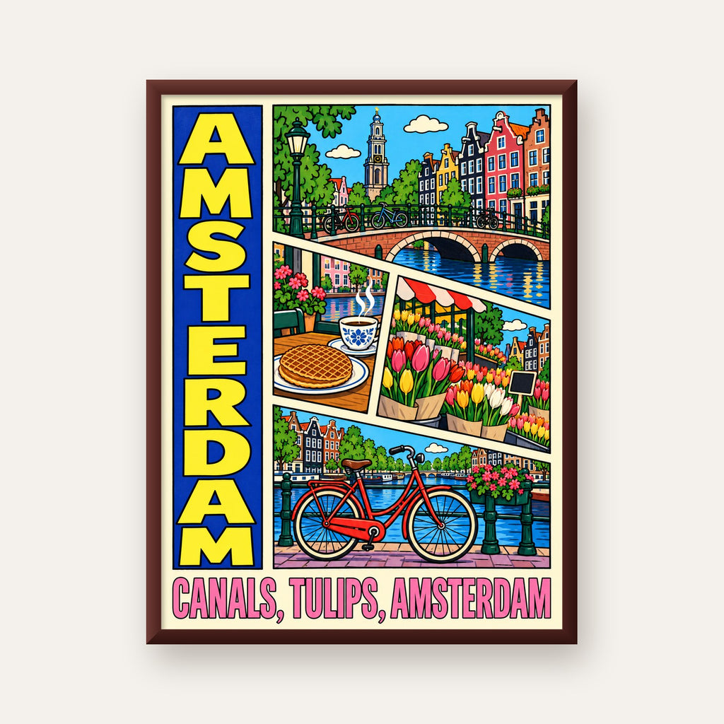 Amsterdam Temalı Renkli İllüstrasyon Poster – Modern Duvar Dekoru — ceviz çerçeveli