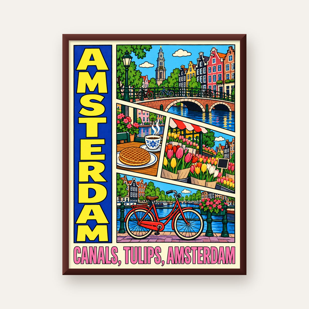 Amsterdam Temalı Renkli İllüstrasyon Poster – Modern Duvar Dekoru — ceviz çerçeveli