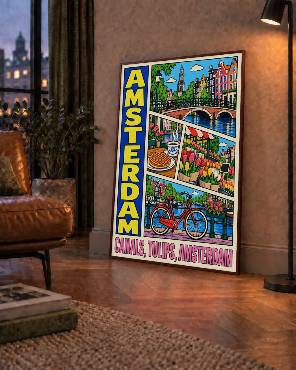 Amsterdam Temalı Renkli İllüstrasyon Poster – Modern Duvar Dekoru — çerçeveli hâliyle bir ev duvarında