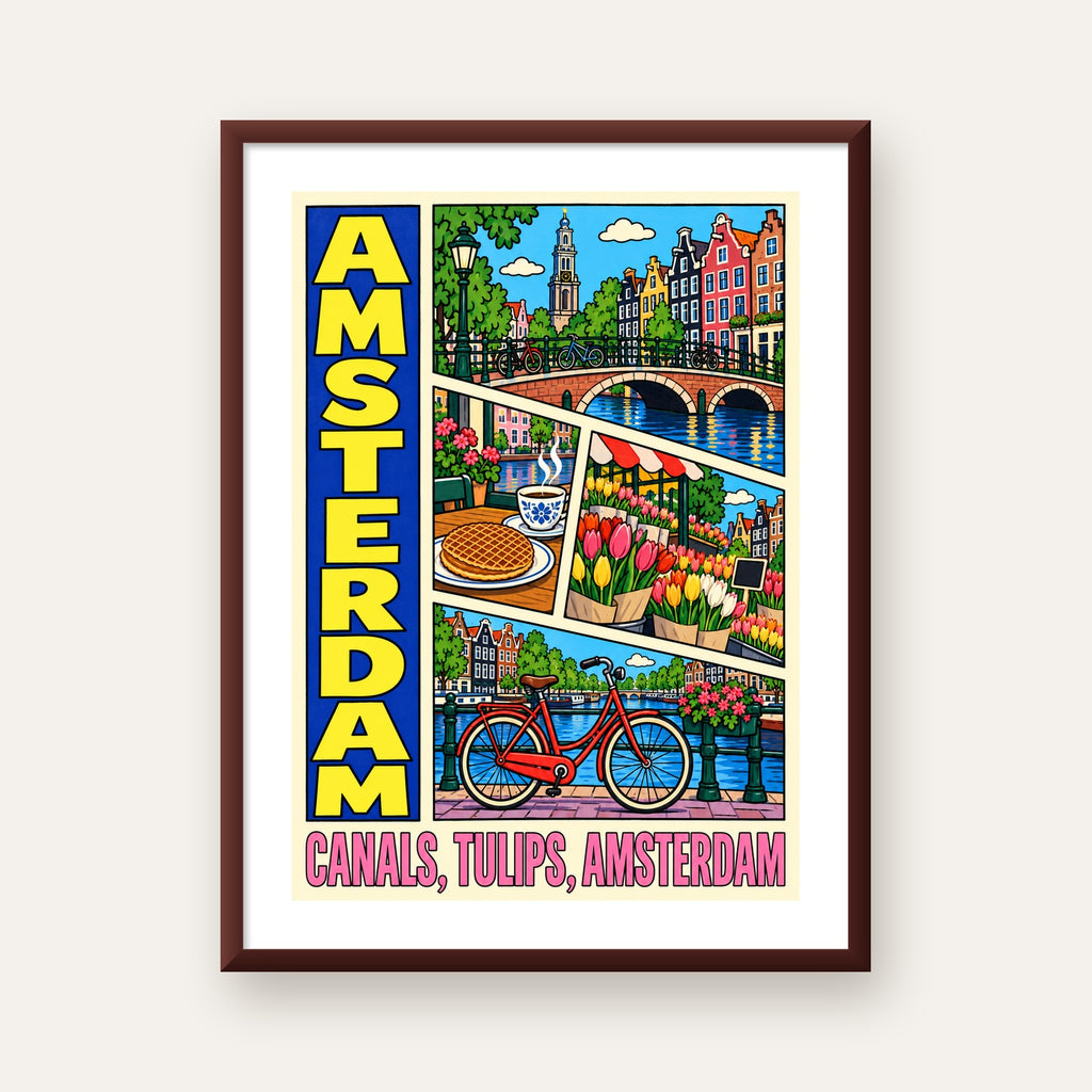 Amsterdam Temalı Renkli İllüstrasyon Poster – Modern Duvar Dekoru — ceviz çerçeveli paspartulu
