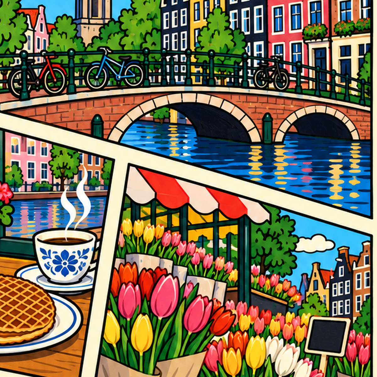 Amsterdam Temalı Renkli İllüstrasyon Poster – Modern Duvar Dekoru — baskının yakın çekimi, kâğıt dokusu ve renk detayı