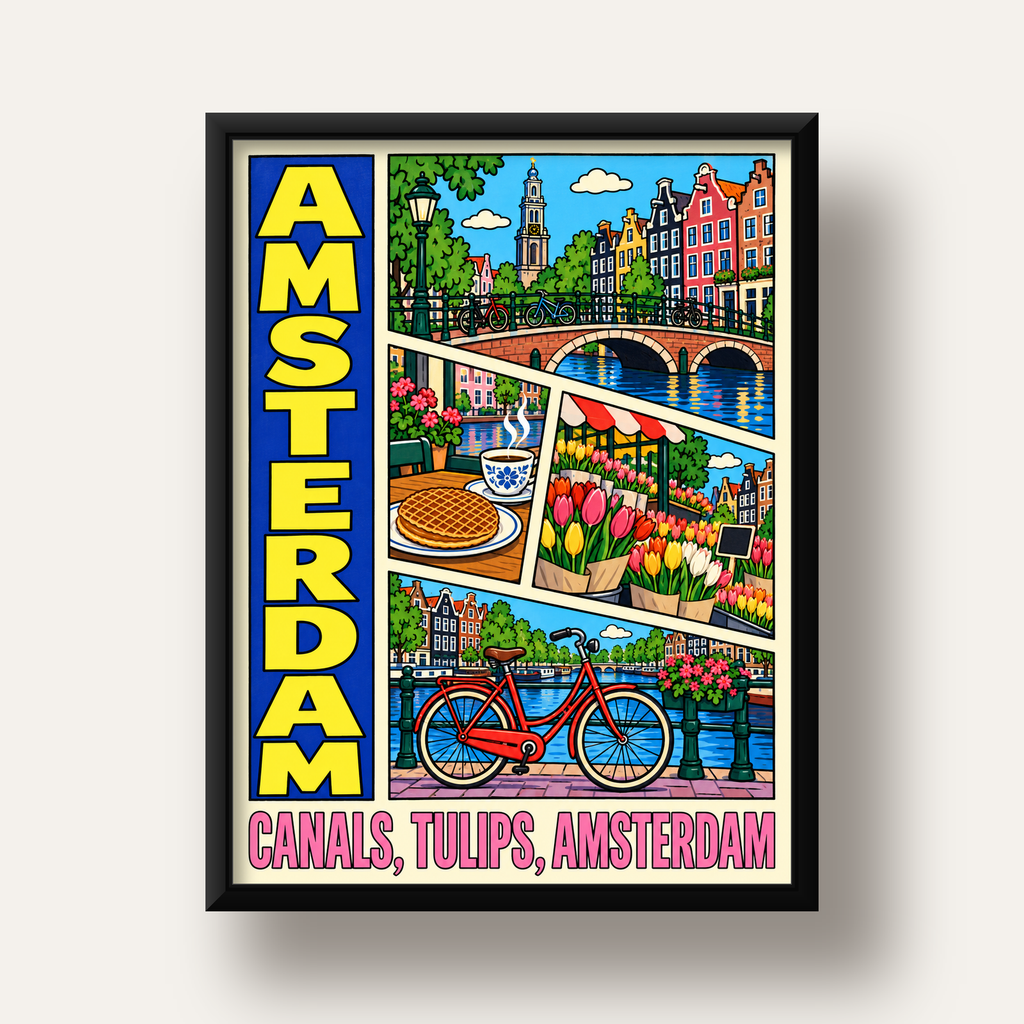Amsterdam Temalı Renkli İllüstrasyon Poster – Modern Duvar Dekoru — siyah derin çerçeveli
