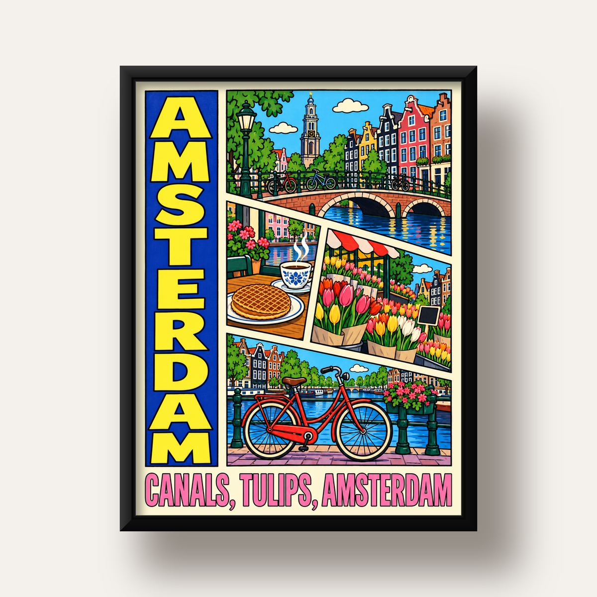 Amsterdam Temalı Renkli İllüstrasyon Poster – Modern Duvar Dekoru — siyah derin çerçeveli