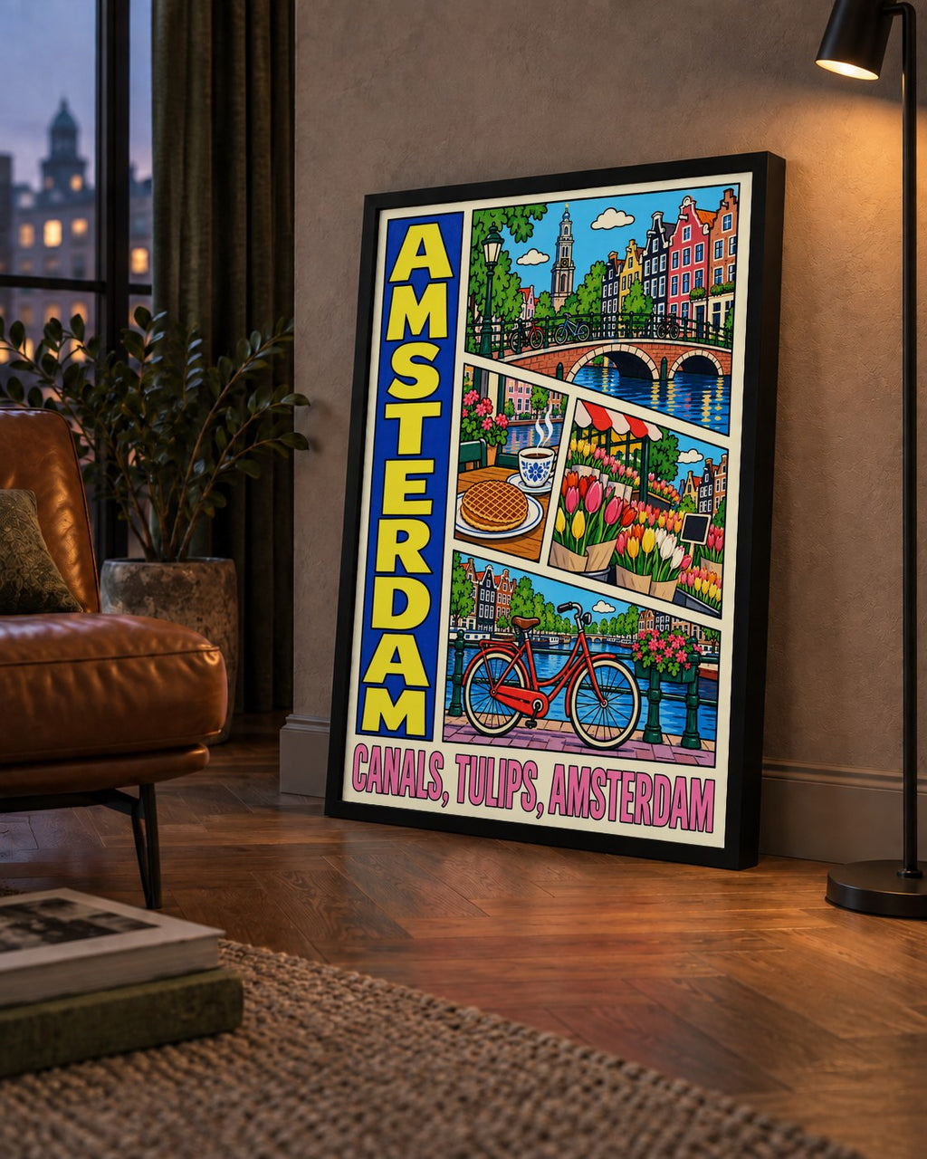 Amsterdam Temalı Renkli İllüstrasyon Poster – Modern Duvar Dekoru — çerçeveli hâliyle bir ev duvarında