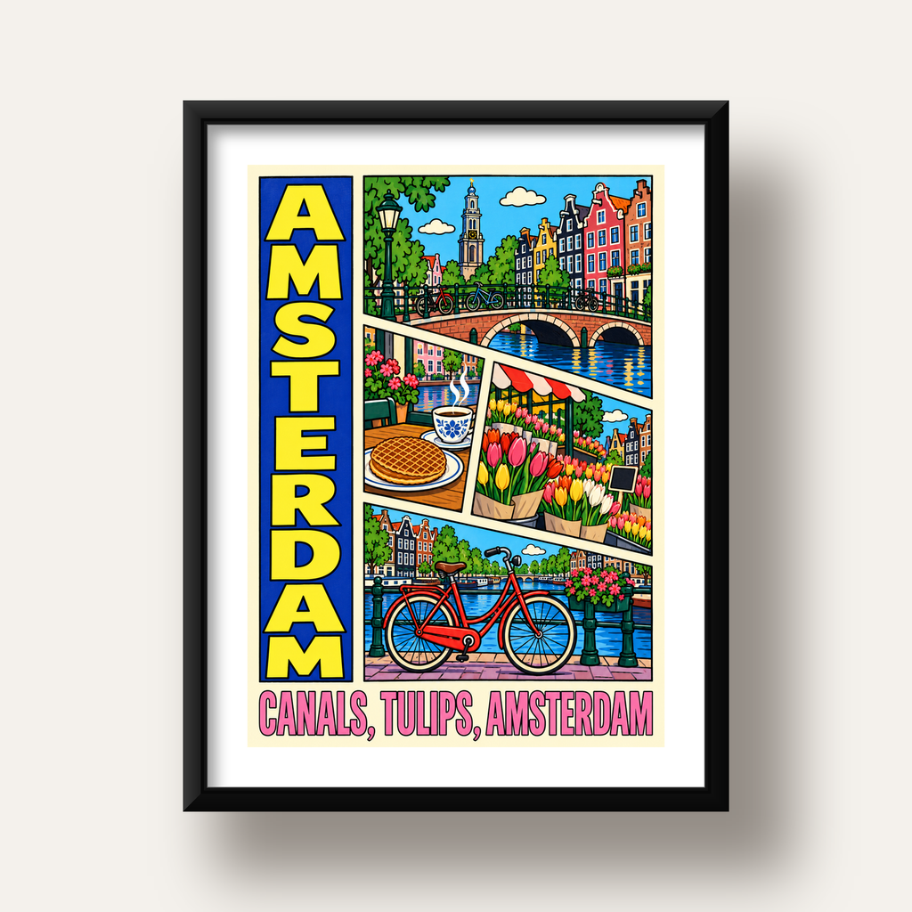 Amsterdam Temalı Renkli İllüstrasyon Poster – Modern Duvar Dekoru — siyah derin çerçeveli paspartulu
