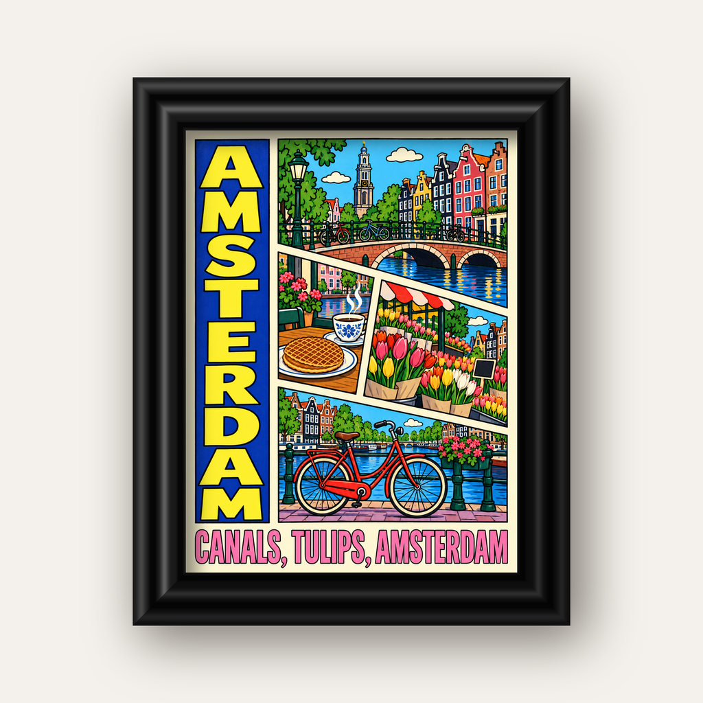 Amsterdam Temalı Renkli İllüstrasyon Poster – Modern Duvar Dekoru — siyah galeri çerçeveli