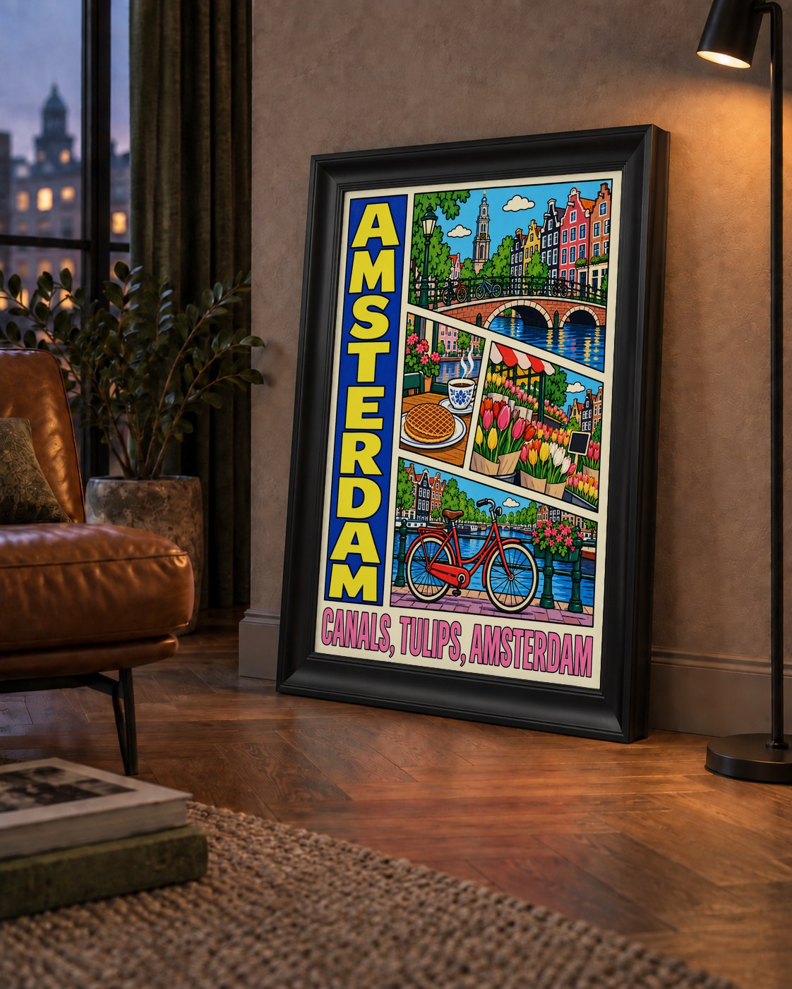 Amsterdam Temalı Renkli İllüstrasyon Poster – Modern Duvar Dekoru — çerçeveli hâliyle bir ev duvarında