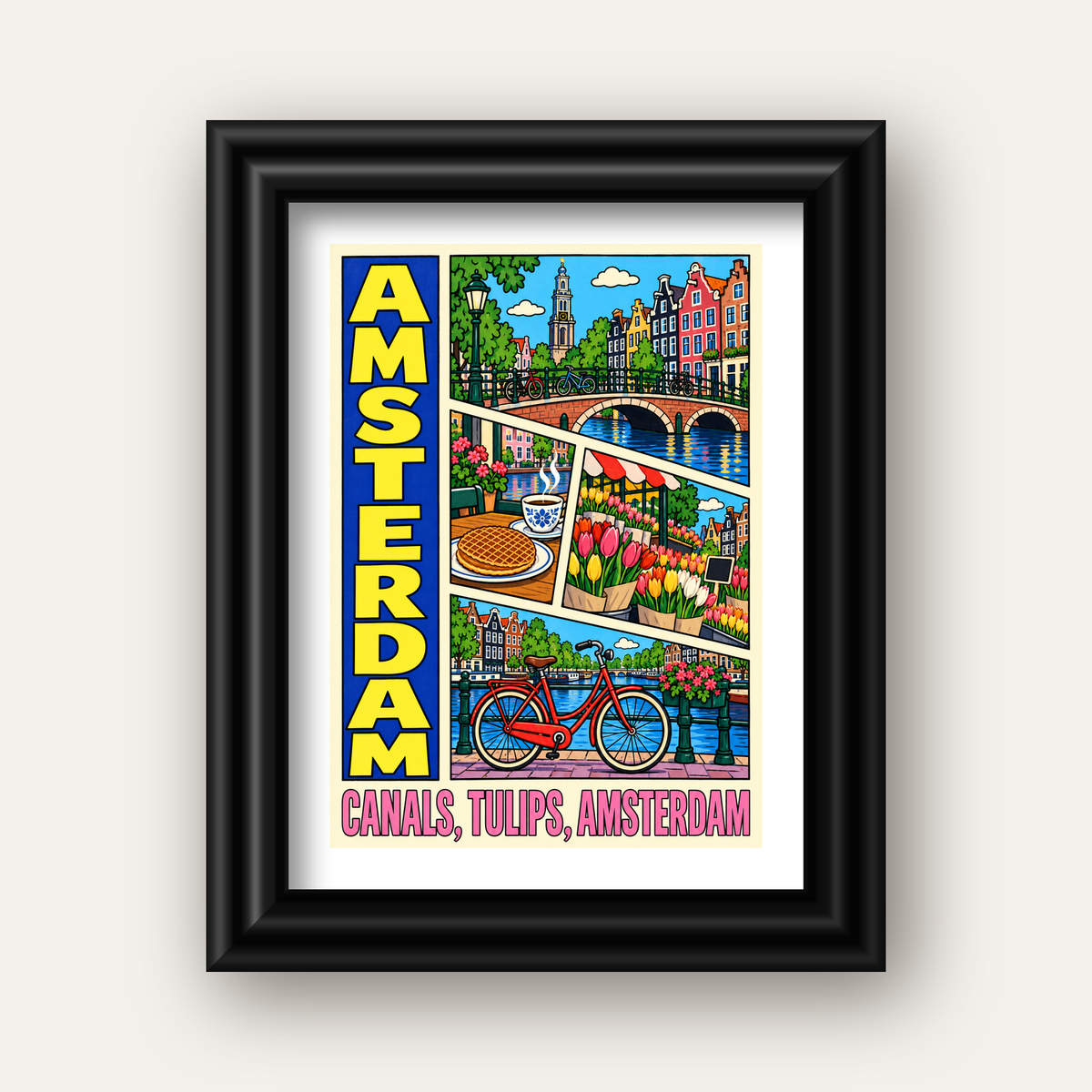 Amsterdam Temalı Renkli İllüstrasyon Poster – Modern Duvar Dekoru — siyah galeri çerçeveli paspartulu