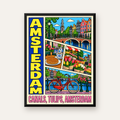 Amsterdam Temalı Renkli İllüstrasyon Poster – Modern Duvar Dekoru — Dikey baskı, düz siyah çerçeveli duvar posteri