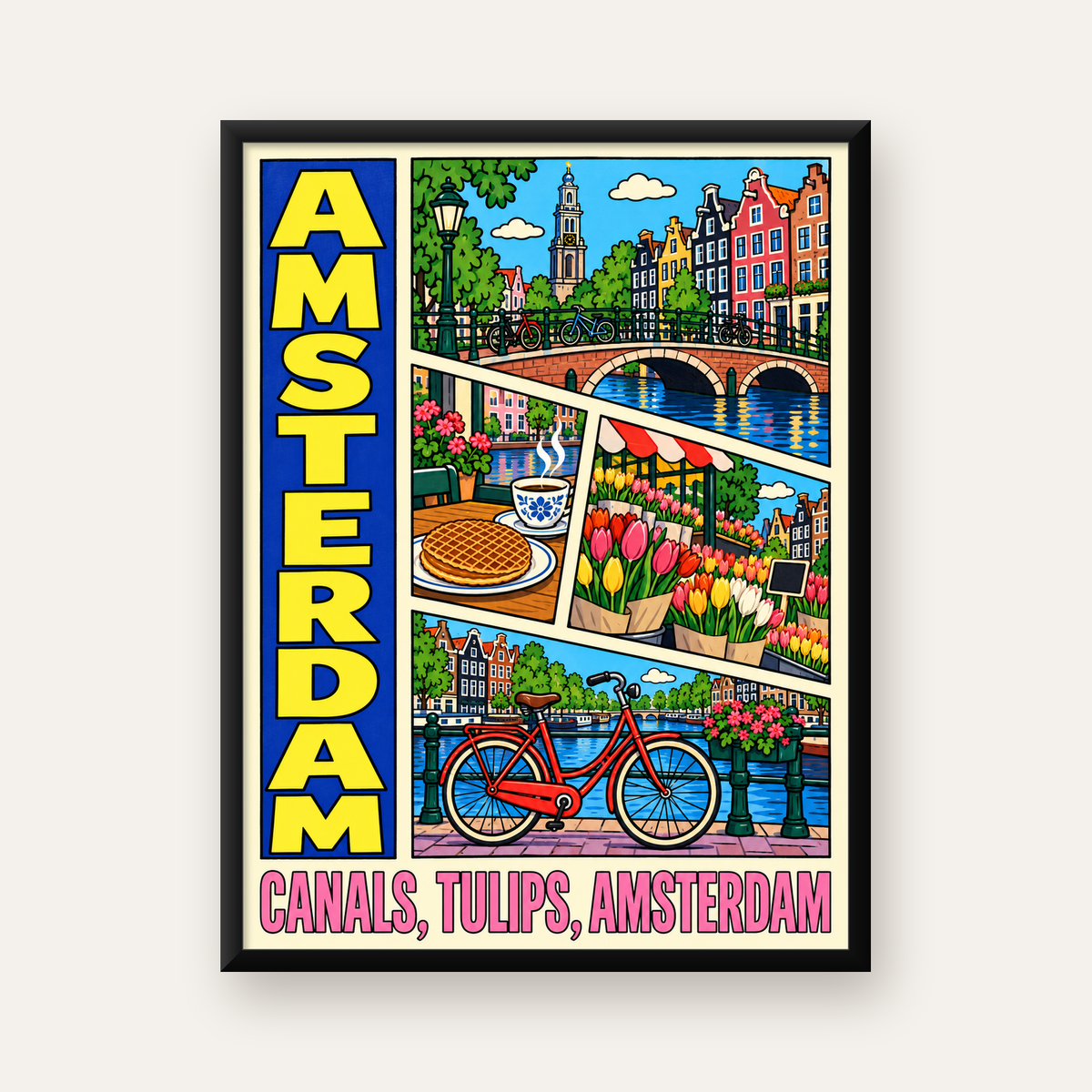 Amsterdam Temalı Renkli İllüstrasyon Poster – Modern Duvar Dekoru — Dikey baskı, düz siyah çerçeveli duvar posteri