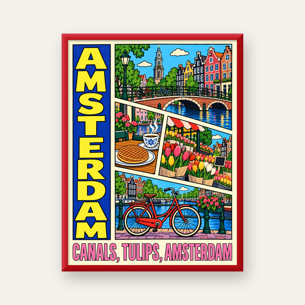 Amsterdam Temalı Renkli İllüstrasyon Poster – Modern Duvar Dekoru — kırmızı çerçeveli