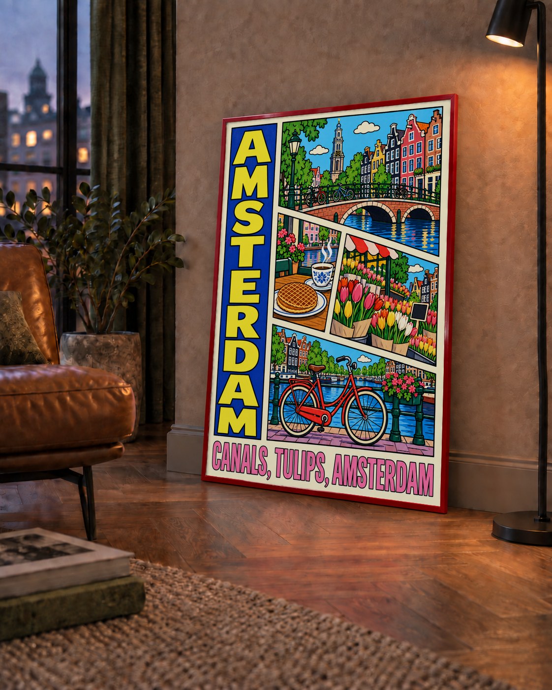Amsterdam Temalı Renkli İllüstrasyon Poster – Modern Duvar Dekoru — çerçeveli hâliyle bir ev duvarında