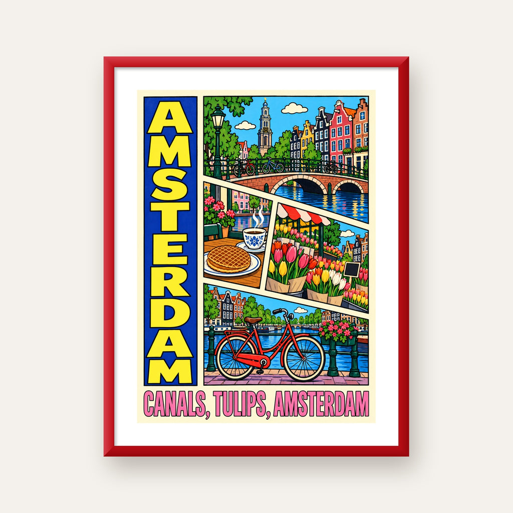 Amsterdam Temalı Renkli İllüstrasyon Poster – Modern Duvar Dekoru — kırmızı çerçeveli paspartulu