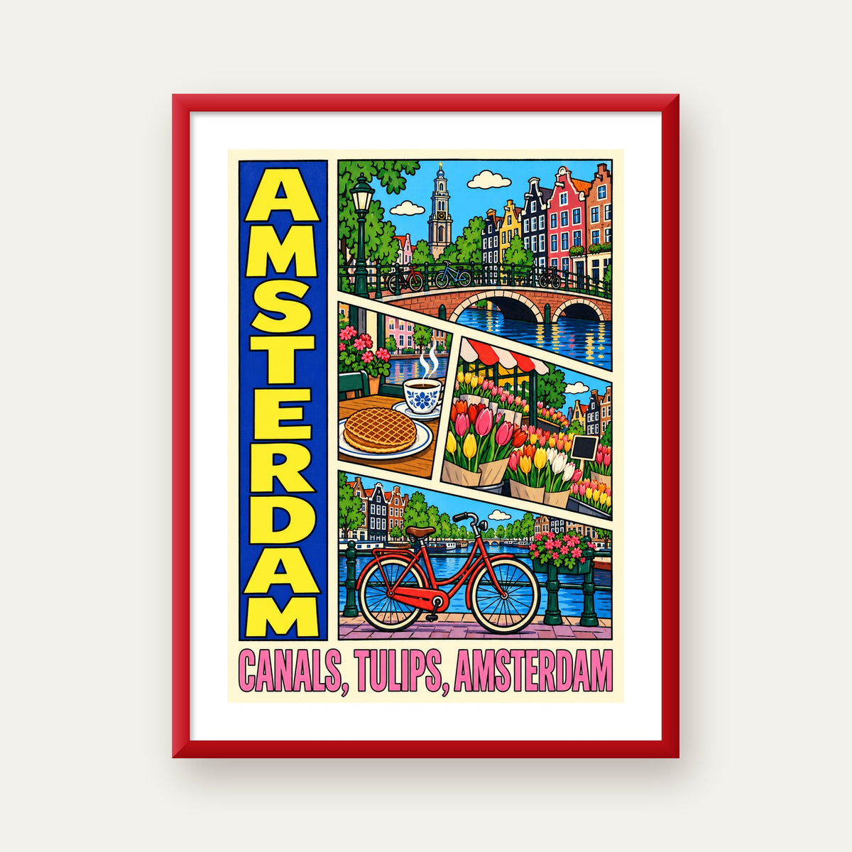 Amsterdam Temalı Renkli İllüstrasyon Poster – Modern Duvar Dekoru — kırmızı çerçeveli paspartulu