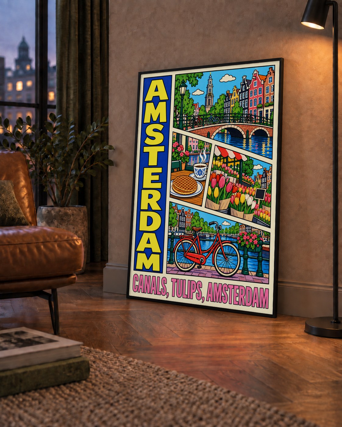 Amsterdam Temalı Renkli İllüstrasyon Poster – Modern Duvar Dekoru — çerçeveli hâliyle bir ev duvarında