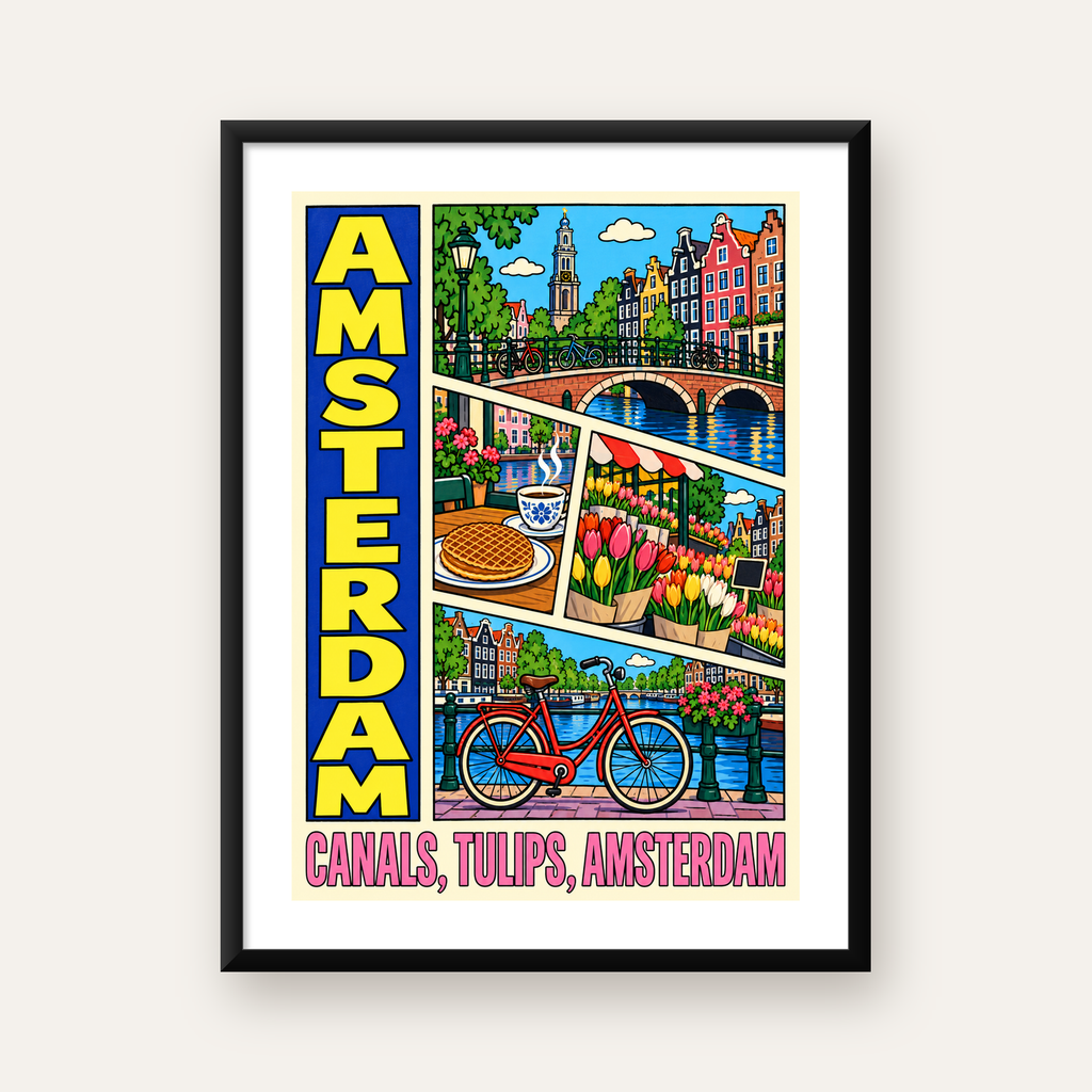 Amsterdam Temalı Renkli İllüstrasyon Poster – Modern Duvar Dekoru — Dikey baskı, beyaz paspartulu