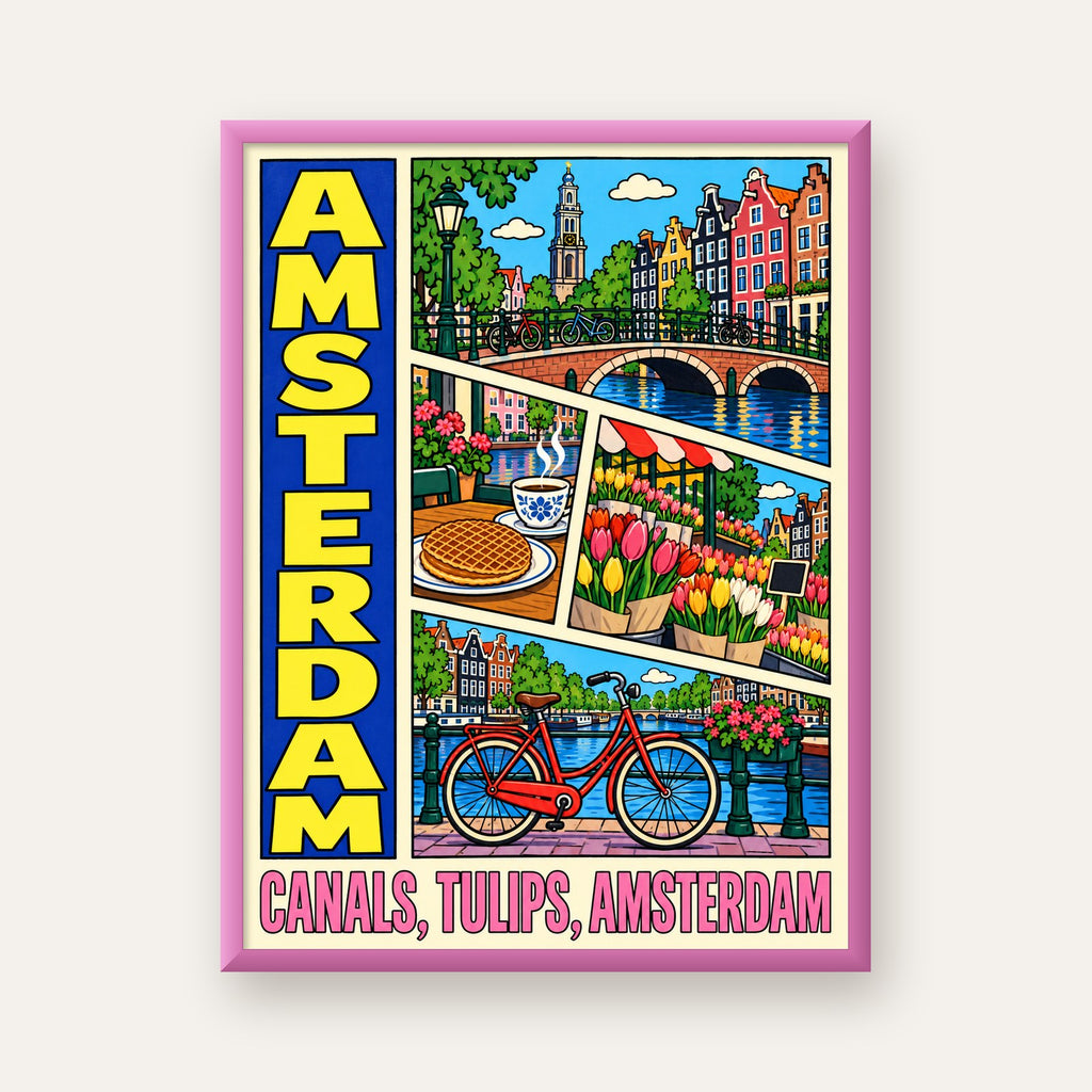 Amsterdam Temalı Renkli İllüstrasyon Poster – Modern Duvar Dekoru — pembe çerçeveli