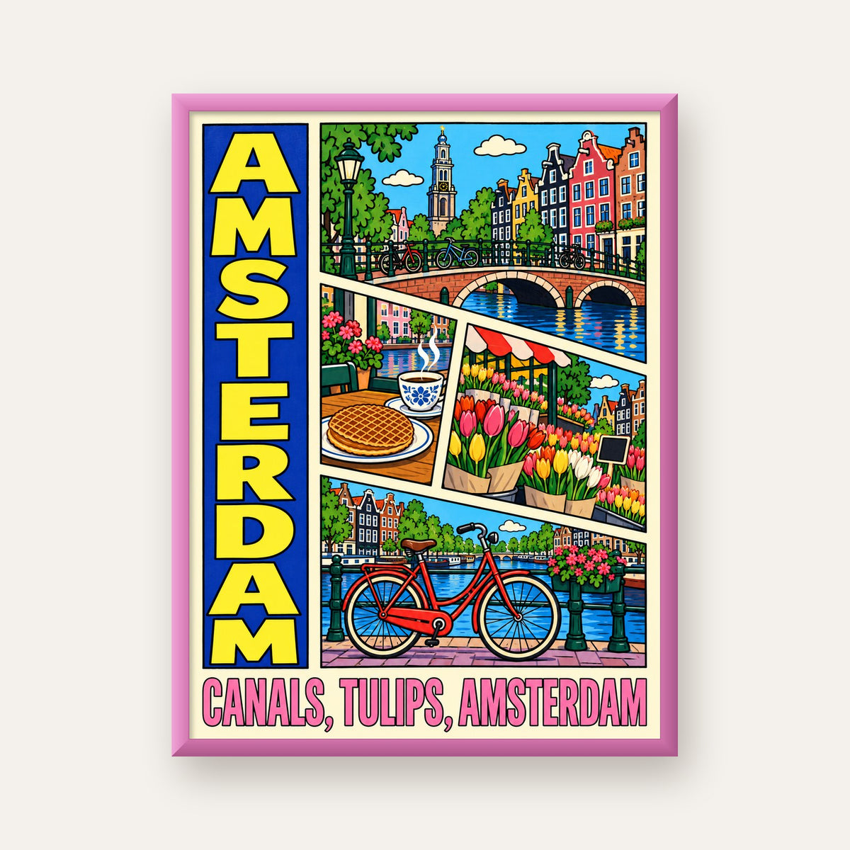 Amsterdam Temalı Renkli İllüstrasyon Poster – Modern Duvar Dekoru — pembe çerçeveli