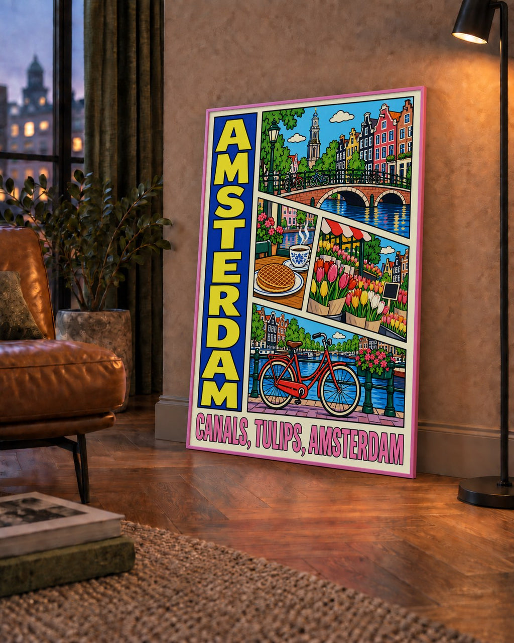 Amsterdam Temalı Renkli İllüstrasyon Poster – Modern Duvar Dekoru — çerçeveli hâliyle bir ev duvarında